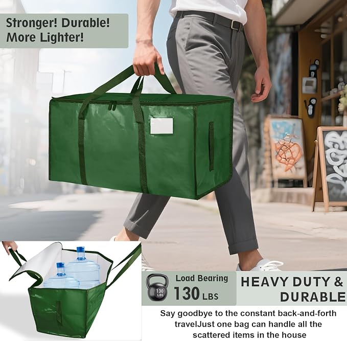 16 Pack-Extra Large Heavy Duty Moving Bags - Waterproof Storage Totes with Handles & Zippers, Foldable for College Dorm, Storage (olive green) - Image 3