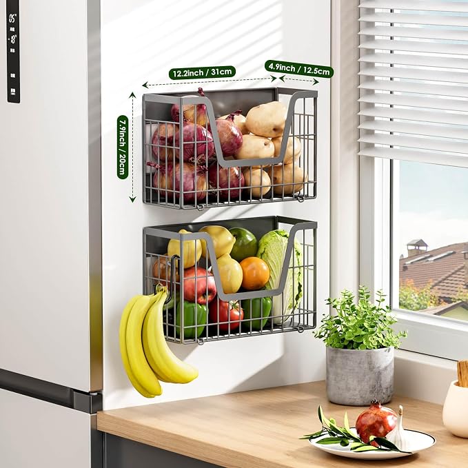 4 Pack Magnetic Shelf for Fridge, Fruit Potato and Onion Storage Bins, Magnetic Spice Rack for Kitchen Pantry Laundry Organizer, Metal Baskets Side of Fridge Organizers and Storage (Grey) - Image 3