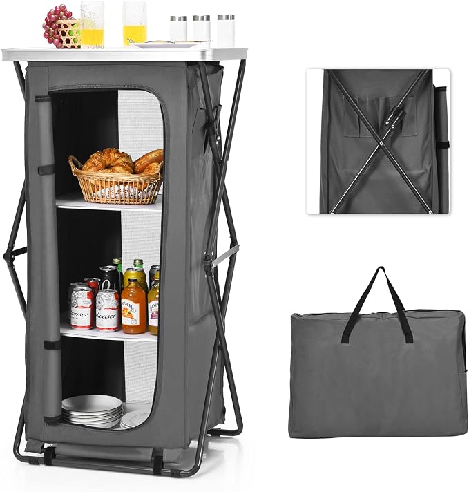Goplus Folding Camping Storage Cabinet, Pop Up Outdoor Camping Kitchen Station with Large 3-Tier Storage Organizer, Carry Bag, Easy Set Up Portable Compact Camping Table for BBQ Picnic Backyard (47'') by Goplus