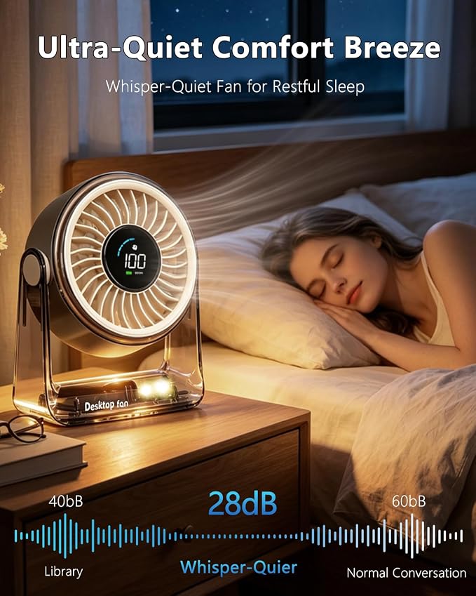 Desk Fan USB Rechargeable, Portable Small Desktop Fan with 6 Speeds Digital Display, 360° Rotation Quiet Table Fan, 4000mAh Battery Powered Fan for Bedroom Home Office Travel, White - Image 6