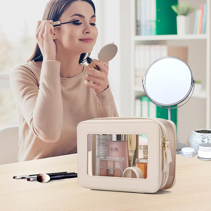 Pinkmik Clear Makeup Bag with Brush Case, (Beige, M+SLIM-1) | 2PC,Travel Toiletry Bag, Waterproof, Cosmetic Organizer, Car Essentials for Women - Image 3
