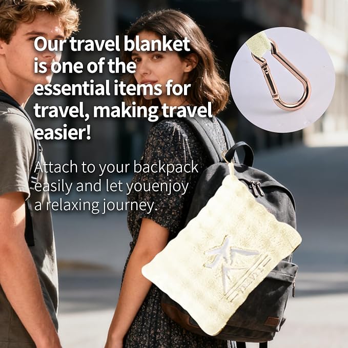 Travel Blanket and Pillow-2-in-1, Ultra-Soft&Compact, Airplane Blanket with Hand Luggage Belt and Backpack Clip,Travelers Accessories Gifts, 61x43 Inches（White） - Image 6