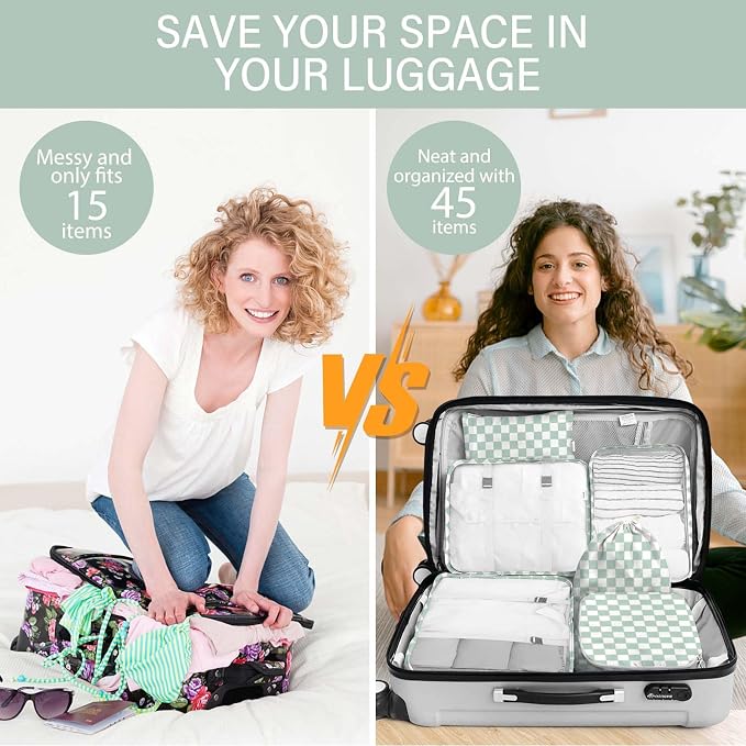 KPX 8 Set Packing Cubes for Travel, Luggage Packing Organizers Accessories Large Toiletries Bag for Clothes Shoes Cosmetics (8Set-Green Checkered) - Image 5