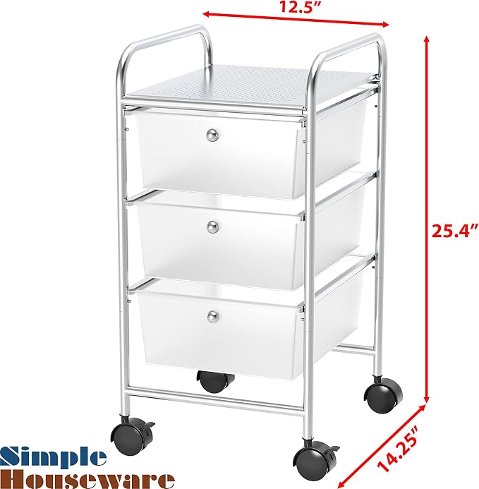Simple Houseware 3 Drawers Rolling Utility Cart Art Craft Organizer, Chrome | 1-Column, 25.4" Height, Lockable Wheels, for School, Office, Art Craft, and Paper Storage - Image 3