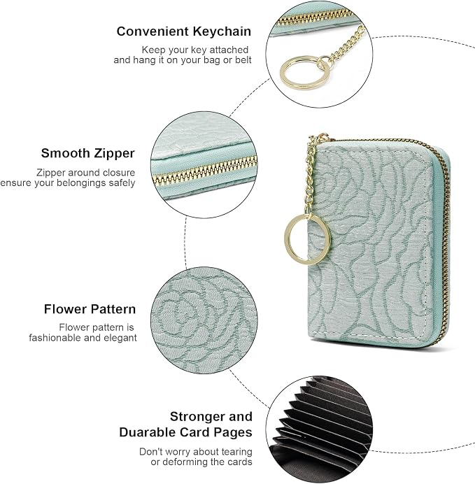 RNIEGA Credit Card Holder RFID Blocking Small Wallet for Women Vegan Leather Card Case Wallets with Zipper Keychain - Image 4