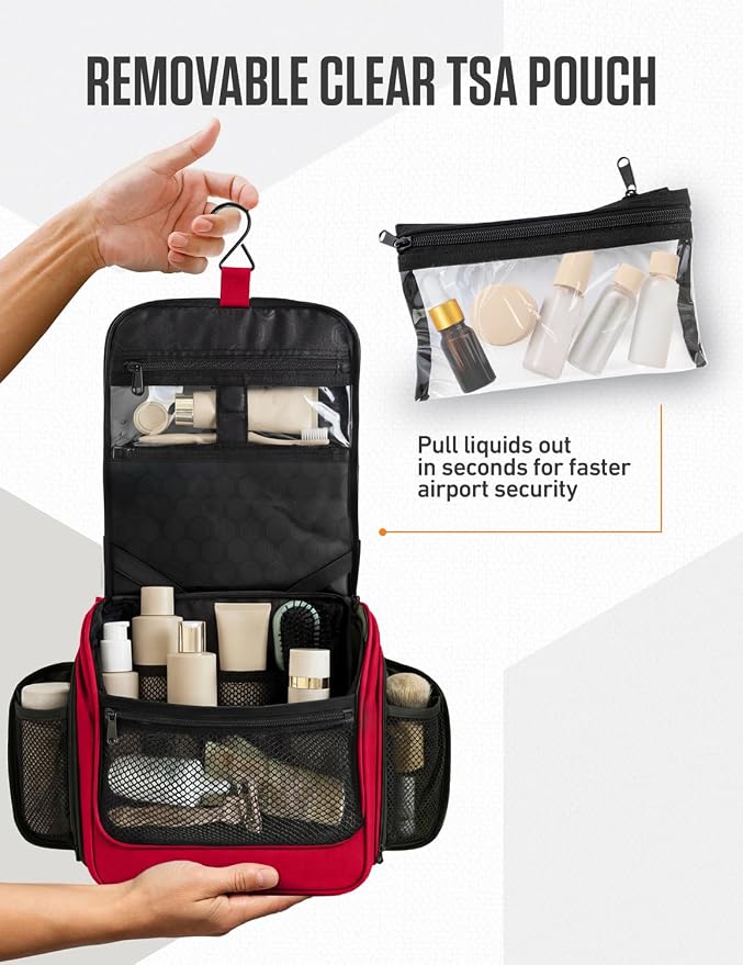 VENTURE 4TH Hanging Travel Toiletry Bag, 18 Compartments - Red | Hangs on rails, hooks or doors; stands upright. Removable TSA pouch. Water-resistant Nylon 290D Twill, reinforced stitching. - Image 9