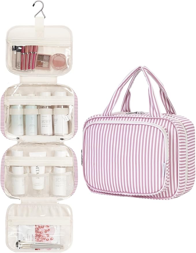 Narwey Striped Hanging Toiletry Bag for Women Travel Makeup Bag Organizer Toiletries Bag for Travel Size Essentials Accessories Cosmetics (Dusty Pink Stripe (Medium)) - Image 2