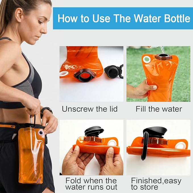 5 Pack Collapsible Water Bottles With Carabiner, 34oz Foldable Water Bottle with Leakproof Lid, Food-Grade Silicone Portable Reusable Water Bottle for Hiking,Sports,Camping,Biking, Traveling - Image 6