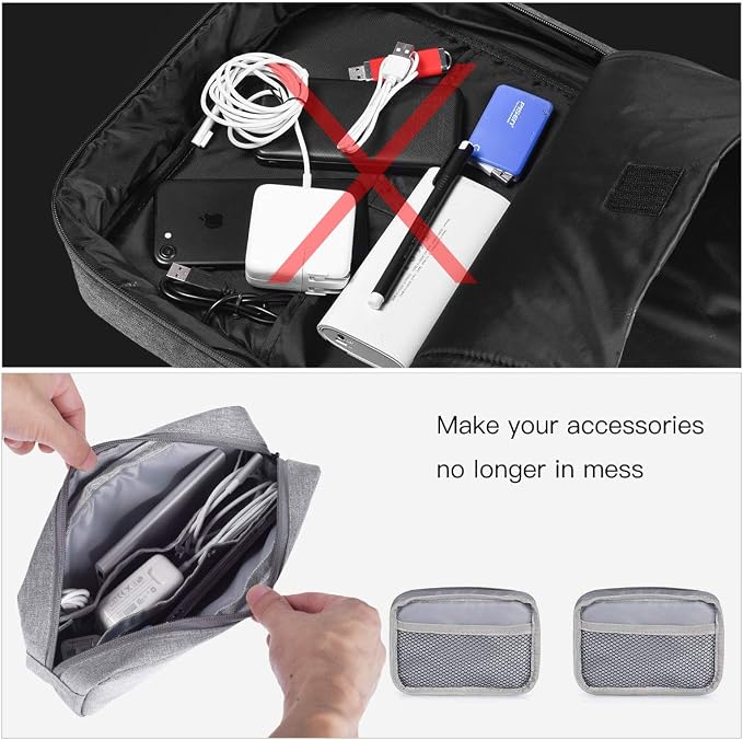 Portable Electronics Accessories Storage Bag, 2PCS Big + Small Carrying Case Travel Cable Organizer Cosmetic Bag Pouch Compatible Hard Drive, Power Bank, Mouse, Laptop Charger, Cellphone, Gray - Image 5