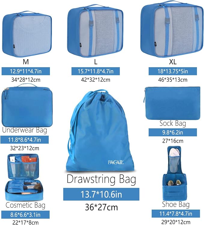 BAGAIL 8 Set Packing Cubes Luggage Packing Organizers for Travel Accessories-Light Blue - Image 2