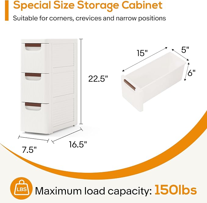3 Drawers Slim Bathroom Storage Cabinet Dresser, Narrow Plastic Rolling Cart Organizer with Drawers, for Small Spaces, Kitchen, Laundry, Office, Bedroom, White - Image 2