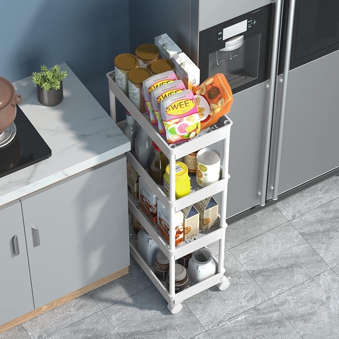 Sooyee 4 Tier Wide Storage Cart Mobile Shelving Unit Organizer Slide Out Storage Rolling Utility Cart Tower Rack for Kitchen Bathroom Laundry, Plastic & Stainless Steel,White - Image 2