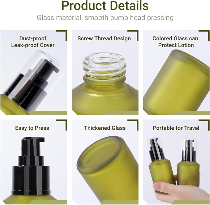 Segbeauty 2oz Frosted Glass Travel Lotion Container Refillable, 5pcs Small Travel Containers for Creams, 60ml Mini Empty Lotion Bottles with Pump Dispenser, Cosmetic Containers Bottle for Oils Creams - Image 2