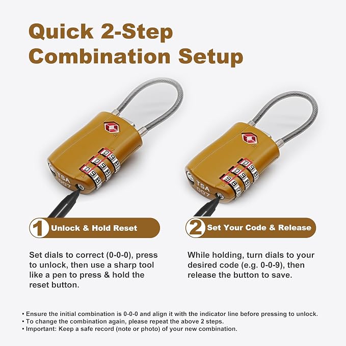 TSA Locks for Luggage, Small Padlock Combination with Cable, Luggage Locks TSA Approved, Combo Padlock with Code, for Travel Suitcase, Gym Locker, Gun Case, Backpack Zipper (Black+Golden) - Image 6