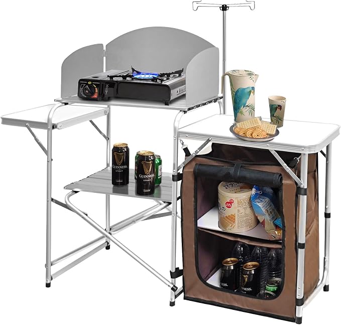 CampLand Folding Camping Kitchen Table with Windscreen,Portable Outdoor Cooking Station with Storage Cabinet & Side Tables Heavy Duty Camp Cook Station for Camping & BBQ（White） by CampLand