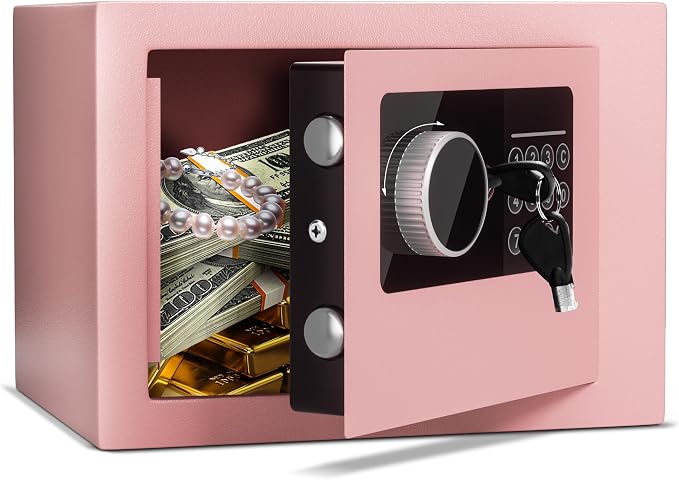 Digital Electronic Money Safe, Steel Security Lock Box with Keypad, Office Hotel Business Jewelry Gun Cash Safe, 0.23 Cubic Feet, 9.06" W x 6.69" D x 6.69" H（pink） by CDC+DIGI