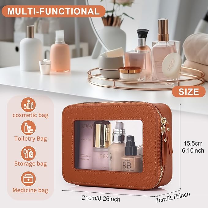 Pinkmik Clear Makeup Bag, (Brown, M) | Waterproof, Travel Cosmetics and Toiletries Case, Portable Makeup Organizer, Clear Car Bag with Zipper - Image 3