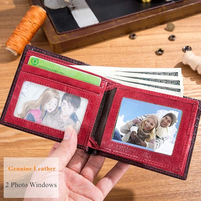 BULLCAPTAIN RFID Wallets for Men,Genuine Leather Wallet QB-05（Crimson ） | Slim,Bifold,Front Pocket Wallet, 2 ID Windows,11 Card Slots,RFID Blocking TechnologyGift Choice - Image 3