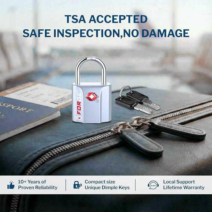 Forge Small Size TSA Approved Luggage Locks: Key Locks for Travel. Ultra Secure Dimple Key Travel Locks Alloy Body Luggage Locks. Silver 2-Pack. - Image 2