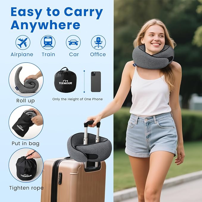 Travel Pillow Memory Foam Neck Pillow for Airplanes Long Flight Comfort 360° Support Airplane Pillow Design for Car Rides, and Home Use Travel Essentials, with Eye Mask, Earplugs and Storage Bag Large - Image 6