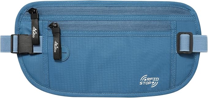 MoKo Travel Money Belt with RFID Blocking, 3 Pockets, Blue | Slim 210D water-resistant nylon design fits discreetly under clothing; adjustable strap fits 28-50 in waists by MoKo