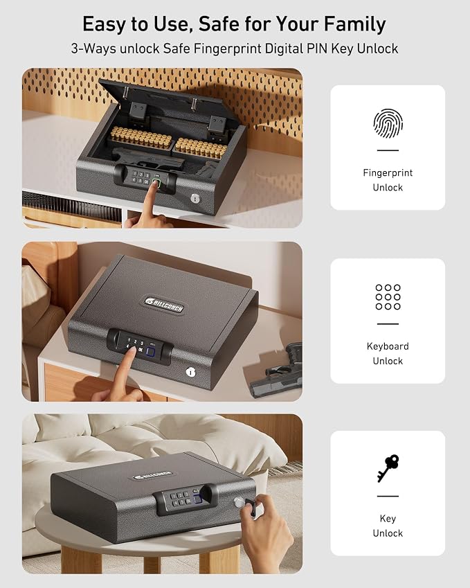BILLCONCH Large Gun Safe Biometric Fingerprint Handgun Pistol Safes | Fingerprint PIN Key Unlock, Interior Light and USB Charging Lock box with Silent Mode for Bedroom Nightstand - Image 2