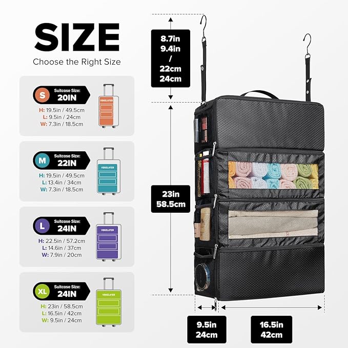 Suitcase Organizer, Travel Luggage Organizer Hanging Shelves Packing Cube Closet/Collapsible Portable Travel Organizer for Carry-on, Extra Large, Black - Image 2