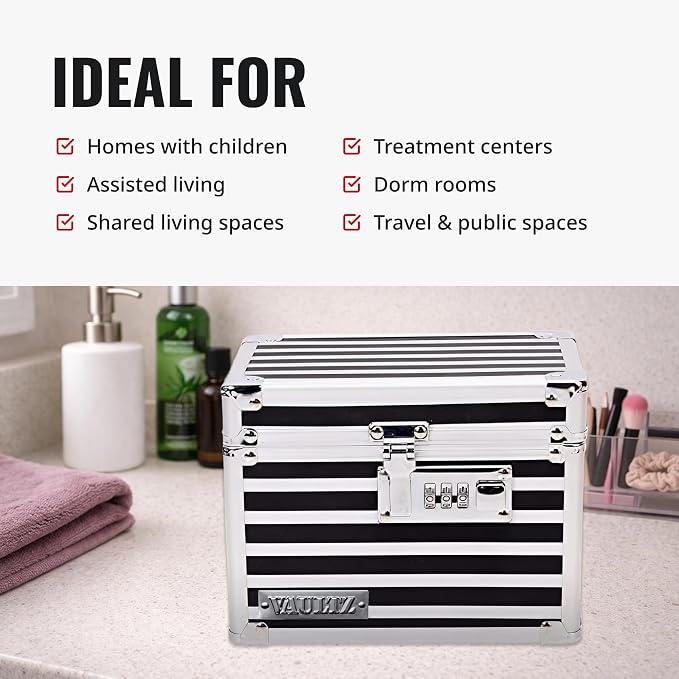 Vaultz Locking Medicine Box with Combination Lock - Secure Metal Lock Box Safe for Medication, Pills & Valuables, Small Lockbox with Code, Portable Storage Case, Striped | Metal lock box, storage case for medication and small valuables, 3-digit combina... - Image 5