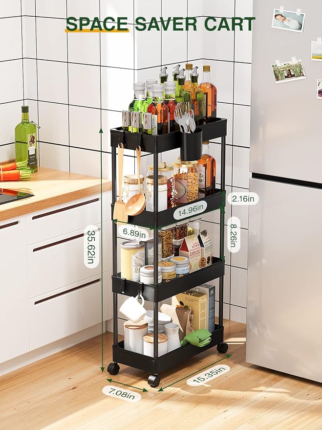 LEHOM Slim Rolling Storage Cart - 4 Tiers Bathroom Organizer Utility Cart | Slide Out Storage Shelves Mobile Shelving Unit for Kitchen, Bedroom, Office, Laundry Room, Small Narrow Spaces (7.1" W+Black) - Image 4