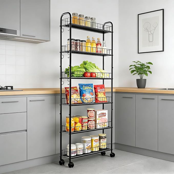 Slim Storage Cart with Wheels, Metal 6-Tier 6in Black Narrow Rolling Shelf, Sturdy Slim Storage with Hooks Ideal for Kitchen, Bathroom, and Laundry Room - Image 7
