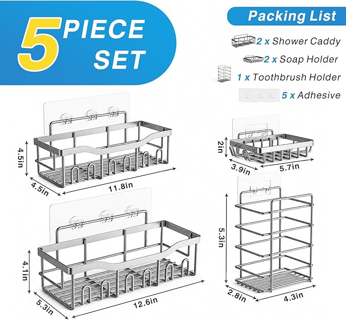 EUDELE 5-Pack Rustproof Stainless Steel Shower Caddy – No Drill Adhesive Bathroom Organizer with Large Capacity, Spacious Shower Shelves for Inside Shower, Kitchen & Home Decor Storage-XL Size - Image 6