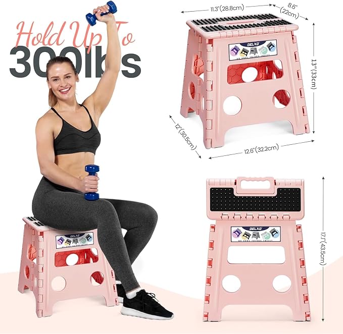 Delxo Folding Step Stool 13 Inch,300 Lbs Step Stool for Adults Pink | Foldable Step Stool 13",Non-Slip Foot Stools with Handle,Lightweight Collapsible stools for Kitchen,Bathroom,Bedroom,Garden - Image 4