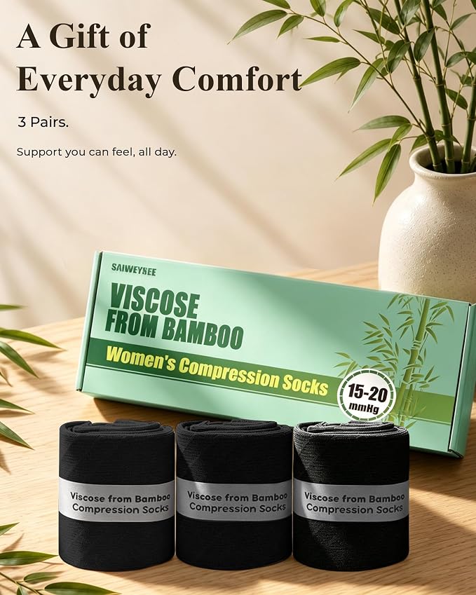 Compression Socks for Women 15-20 mmHg, Viscose from Bamboo, 3-Pair Knee High for Flying, Work & All-Day Comfort - Image 6