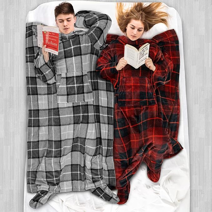 PAVILIA Fleece Blanket with Sleeves, Foot Pockets for Women Men Adults, Plush Wearable Blanket Throw Wrap, Warm Snuggle Blanket Robe, Cozy Gift Ideas Wife Mom, Plaid Dark Gray - Image 5
