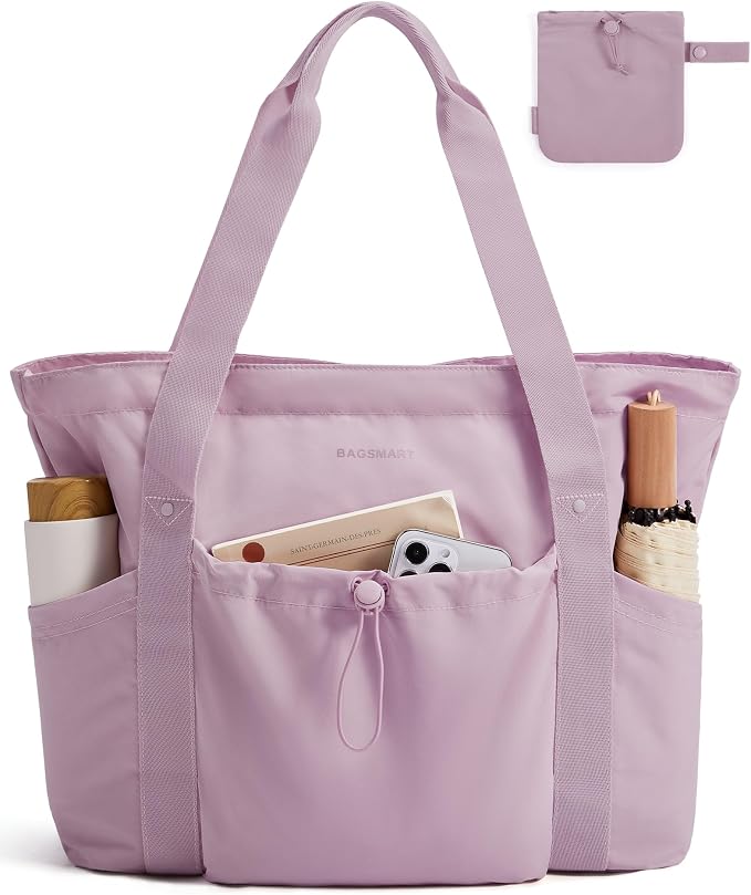 BAGSMART Foldable Tote Bag with Drawstring Bag, Tote Bag Shoulder Bag Top Handle Handbag for Travel, Work, Beach, Gym by BAGSMART