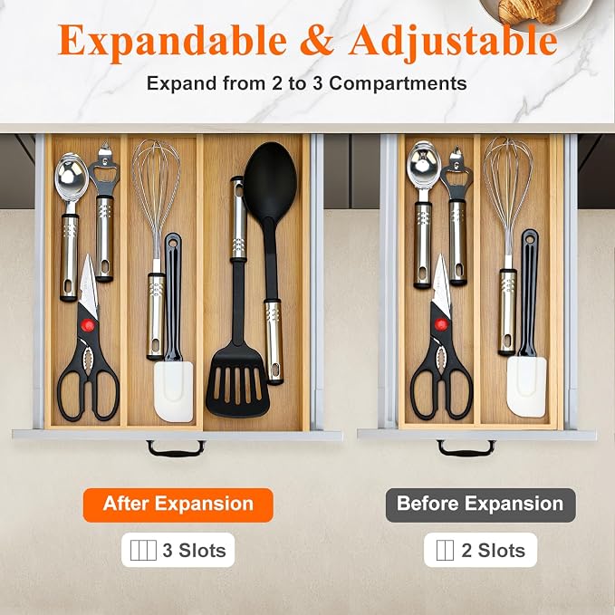 Large Bamboo Kitchen Utensil Drawer Organizer Expandable Silverware Tray | Big Cooking Utensil Drawer Divider Spoon Flatware Organizer Storage Adjustable Wooden Cutlery Holder Tool Knife Spatula Tray - Image 4