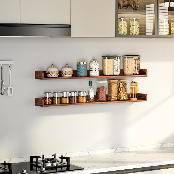 Fun Memories Stove Top Shelf, 30" Magnetic Shelf for Kitchen Stove, Pine Wood Stove Shelves, Wall Mounted Shelves for Home Storage Organization, Heat and Pressure Resistant, 1pcs, Dark Brown - Image 2
