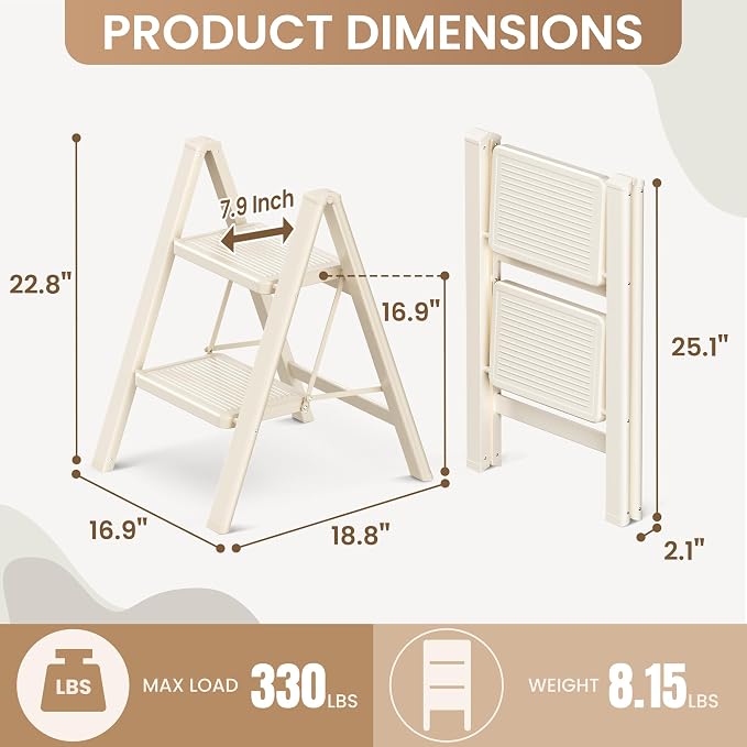 2 Step Ladder, Foldable Step Stool with Wide Anti-Slip Pedal | Portable, Sturdy Carbon Steel, 330LBS Capacity, Easy Storage, Space Saving, for Kitchen, Closet, Cream White - Image 6