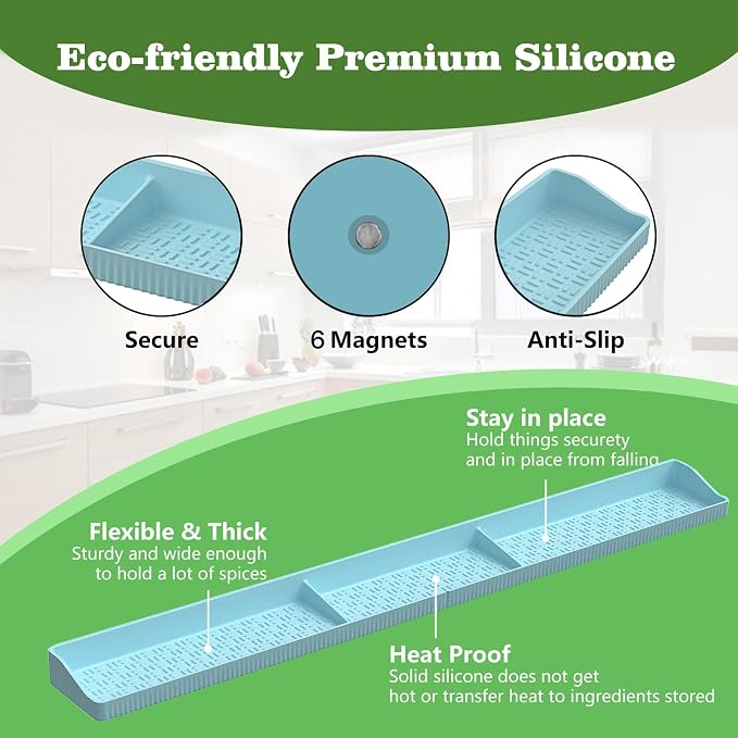 Stove Top Shelf 30 Inch - Silicone Material Magnetic Shelf for Stove -Blue | 3 Functional Partitions,Heat Resistant Kitchen Spice Rack Organizer - Image 4