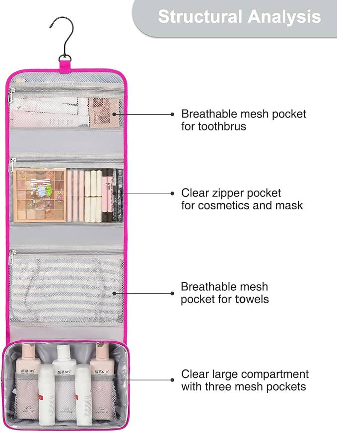 Relavel HangingTravel Toiletry Bag for Women, Large Capacity Toiletries Bag, Travel Essentials Organizer, Hanging Makeup Case for Accessories, Waterproof Bathroom Shower Bag (hot pink) - Image 8