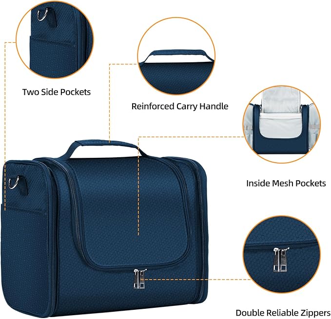 Buruis Extra Large Hanging Toiletry Bag for Women and Men, Blue | Honeycomb Nylon, Detachable Shoulder Strap, Dual Zippers, Metal Hanging Hook, Full-Size Toiletry Storage, Travel Essentials - Image 4