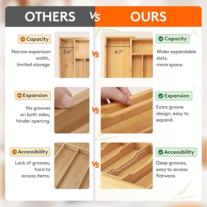 Lifewit Silverware Drawer Organizer, Wooden Utensil Tray for Kitchen | Expandable Flatware and Cutlery Holder, Adjustable Storage for Spoons Forks Knives, 13-22x15", Natural - Image 4