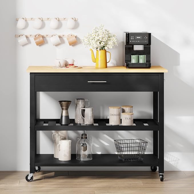 Shintenchi Kitchen Island Cart with Storage,Rolling Kitchen Island Side Table on Wheels with Large Worktop,Storage Cabinet,Towel Rack,Drawers and Open Shelves for Kitchen,Dinning Room,Black - Image 2