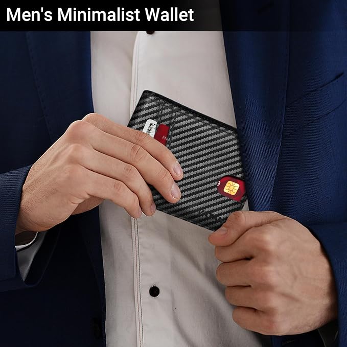 VATAN Wallet for Men Slim RFID Blocking Leather Credit Card Holder Wallet for 15 Cards, Bifold Minimalist Thin Wallet with 2 ID Windows & Cash Slot, With Gift Box (Carbon Fiber Black) - Image 2