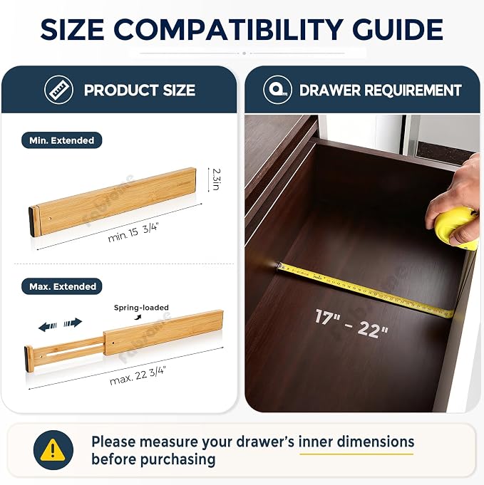 Fabsome Drawer Divider 6 Pack, Bamboo Kitchen Dividers Organizers Adjustable 17''-22'', Wooden Dresser Separators for Nursery Organization Clothes Socks Underwear Baby Clothing, with Soft Foam Ends - Image 6