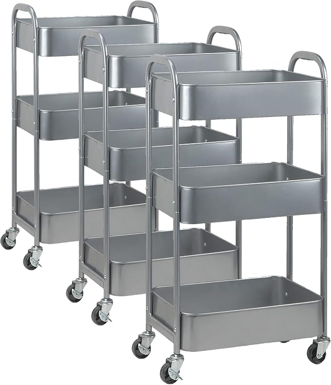 MAX Houser 3-Tier Rolling Utility Cart with Caster Wheels,Easy Assembly, for Kitchen, Bathroom (Silvery-Grey) (Pack of 3) by MAXHouser