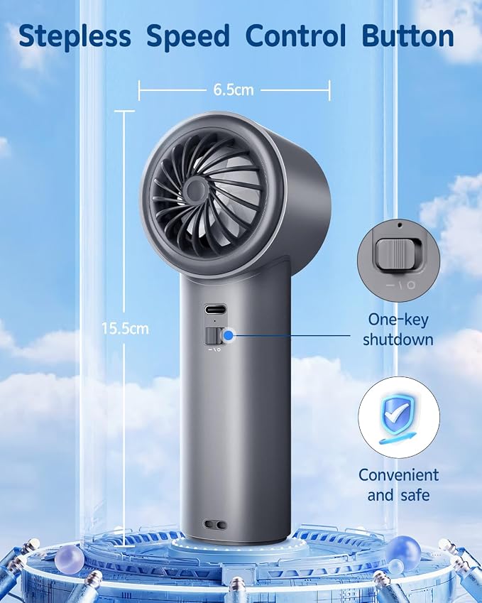 EasyAcc AI Portable Turbo Fan with 4000 Capacity Built-in Battery, 1-100 Adjustable Speeds, Max 26640RPM Strong Airflow, LED Display, USB-C Rechargeable Fan for Camping, Grey - Image 6
