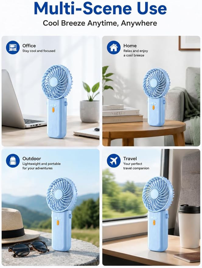 Portable Mini Fan, Quiet Foldable Fan with Lanyard | 4 Speeds, 15H Rechargeable Battery, Portable Pan for Travel, Home, Office, Outdoor, Makeup, Women, Men, Blue - Image 5