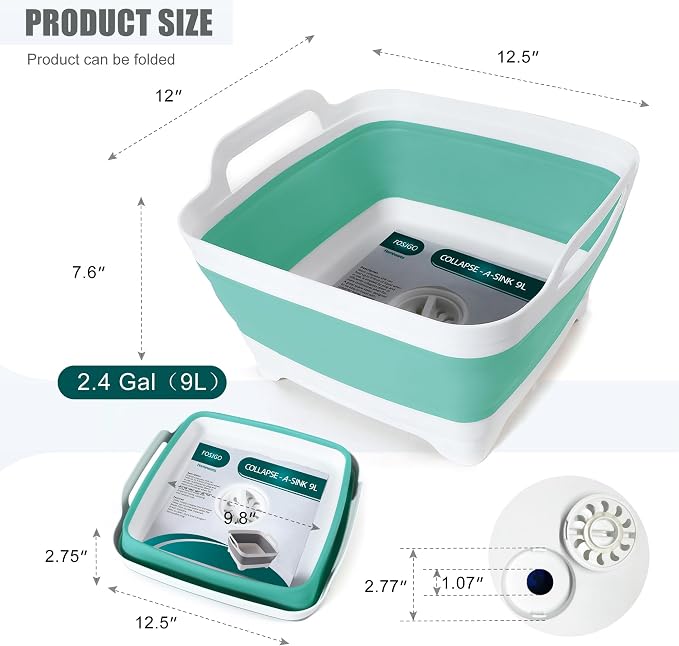 FOSJGO Collapsible Dish Basin with Drain Plug, Foldable Sink, 2.4 Gal (9L) | Space-Saving Wash Basin for Kitchen, Baby Bottles, Vegetable Washing, Camping, RV and Party Beverage Tubs - Image 2