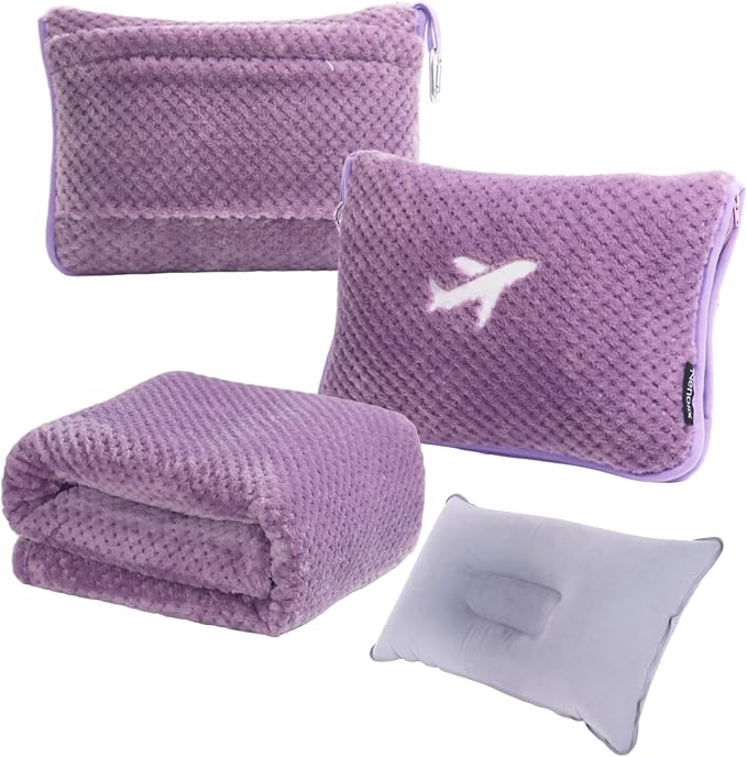 3 in 1 Travel Blanket Pillow Set - 350 GSM Thick Travel Blanket Airplane Compact with Bag, Soft Bag with a Pocket, Inflatable Travel Pillow for Camping & Car Trip (Violet) by Nenolix